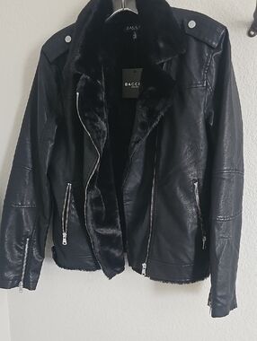 Baccini Black Faux-Leather Moto Jacket with Faux-Fur Trim